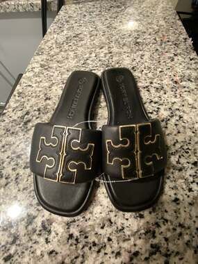 Tory Burch Double T Sport Slide Sandals in Black Leather